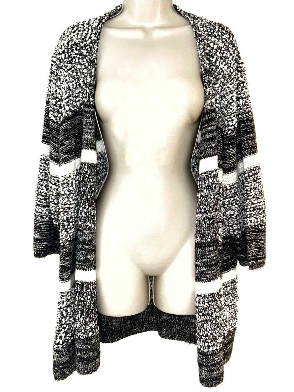 Open Front Black & White Knit Cardigan Sweater